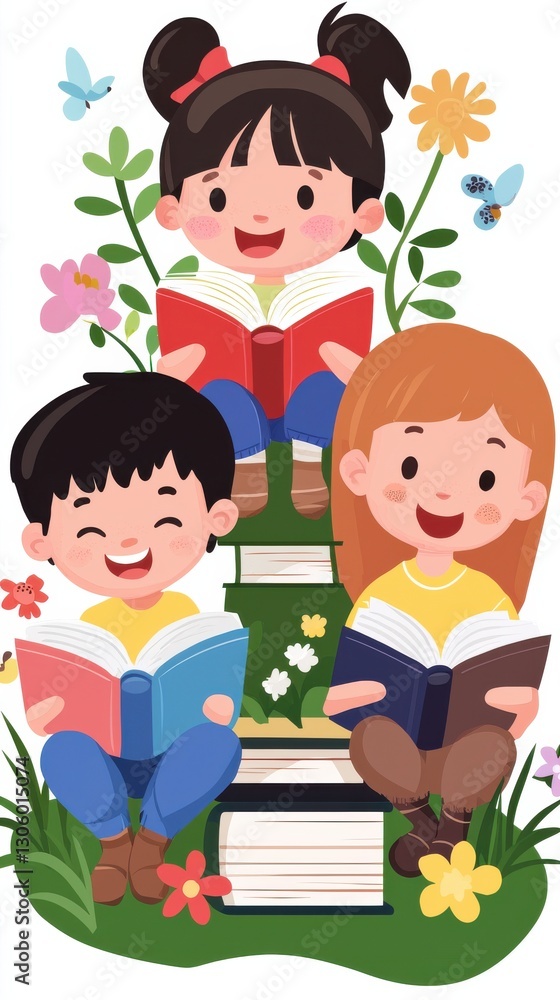 Happy Children Reading Books in a Vibrant Garden Happy Children Reading Books in a Vibrant Garden