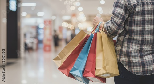 Person Carrying Shopping Bags in a Brightly Lit Mall Setting