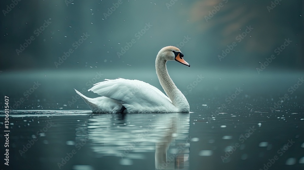 Fototapeta premium Majestic Swan on Misty Lake; Tranquil Scene; Peaceful Waterfowl; Stock Photo