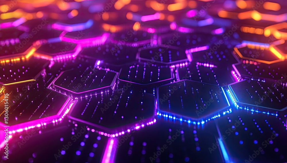Hexagonal network glowing with vibrant neon lights Hexagonal network glowing with vibrant neon lights