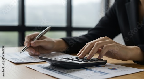 Person Calculating and Writing on Paperwork in an Office Setting