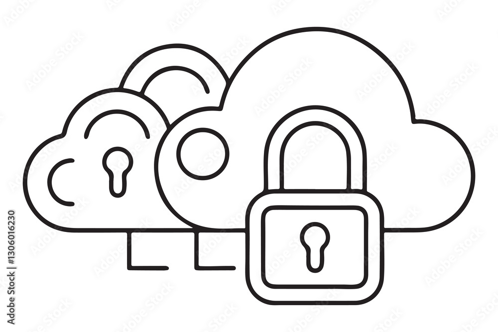 continuous one single black line art doodle drawing of Cloud security with encryption locks protecting sensitive information illustration continuous one single black line art doodle drawing of Cloud security with encryption locks protecting sensitive information illustration