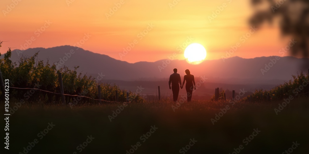 Couple walking hand in hand through a picturesque vineyard at sunset, embodying love, togetherness, and the beauty of nature in a romantic setting. Couple walking hand in hand through a picturesque vineyard at sunset, embodying love, togetherness, and the beauty of nature in a romantic setting.