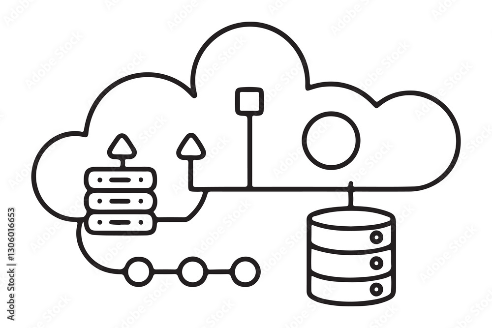 continuous one single black line art doodle drawing of Cloud computing concept with data storage icon illustration continuous one single black line art doodle drawing of Cloud computing concept with data storage icon illustration