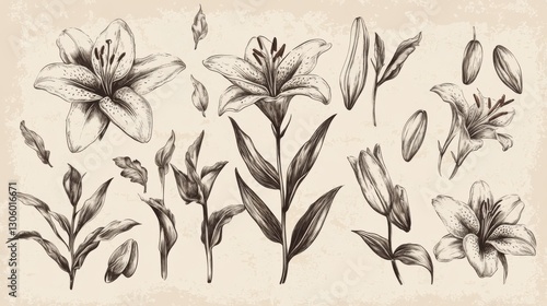 Botanical Illustration of Lily Flowers and Leaves