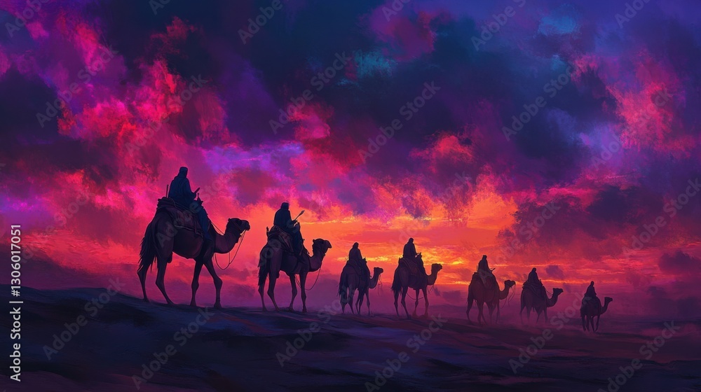 Fototapeta premium Camels with Riders in Desert Silhouette at Sunset