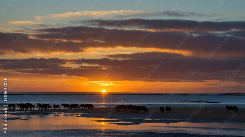 Fototapeta premium Majestic Dawn: Wild Horses Roaming as the Sun Rises on Sable Island