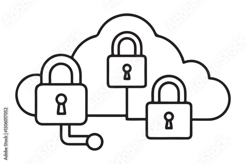 continuous one single black line art doodle drawing of Cloud security with encryption locks protecting sensitive information illustration