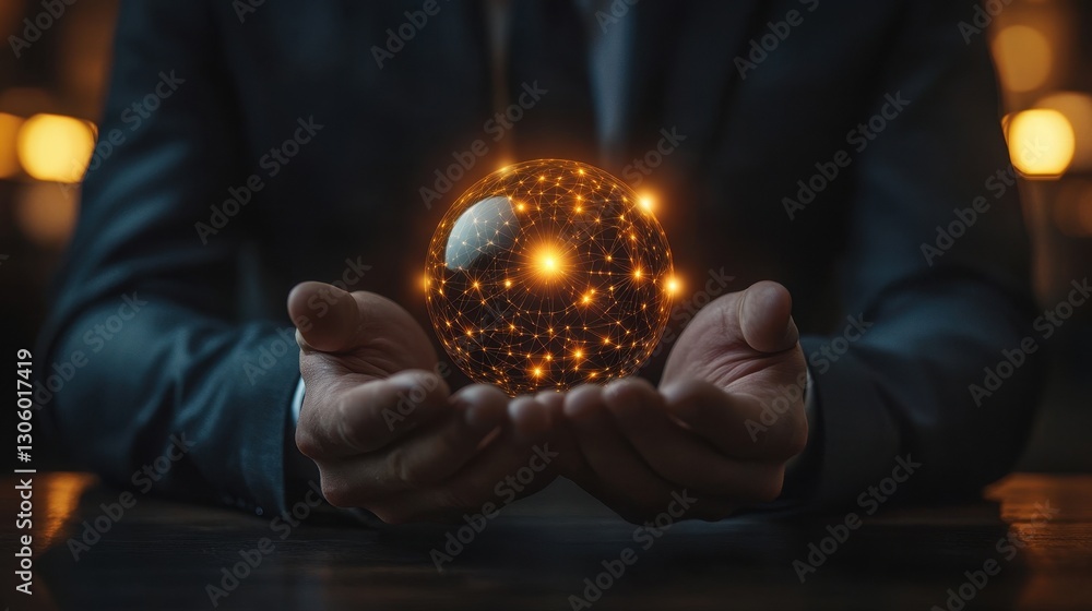 Global Network Connection Businessman Holding Digital Sphere Global Network Connection Businessman Holding Digital Sphere