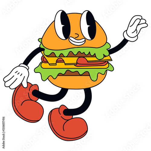 Burger Retro Illustration with Funny Cartoon Design. Vector Character.