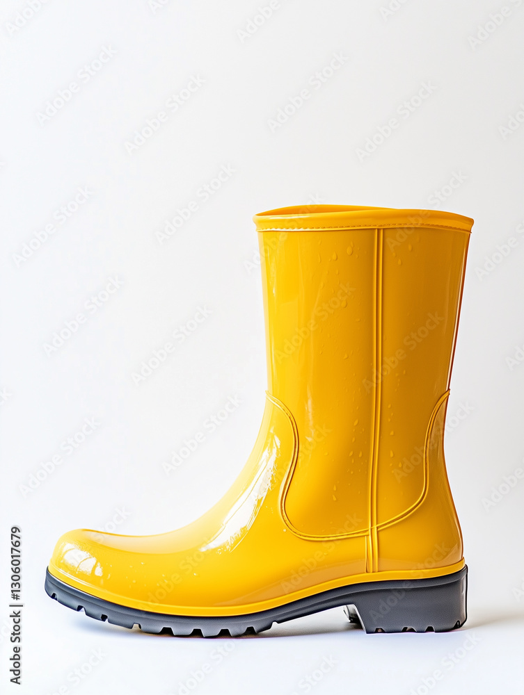 A pair of vibrant yellow glossy rubber rain boots, perfect for rainy days and outdoor activities, offering both style and protection against wet weather conditions. A pair of vibrant yellow glossy rubber rain boots, perfect for rainy days and outdoor activities, offering both style and protection against wet weather conditions.