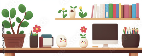 Charming Minimalist Workspace Illustration with Plants and Decorative Birds