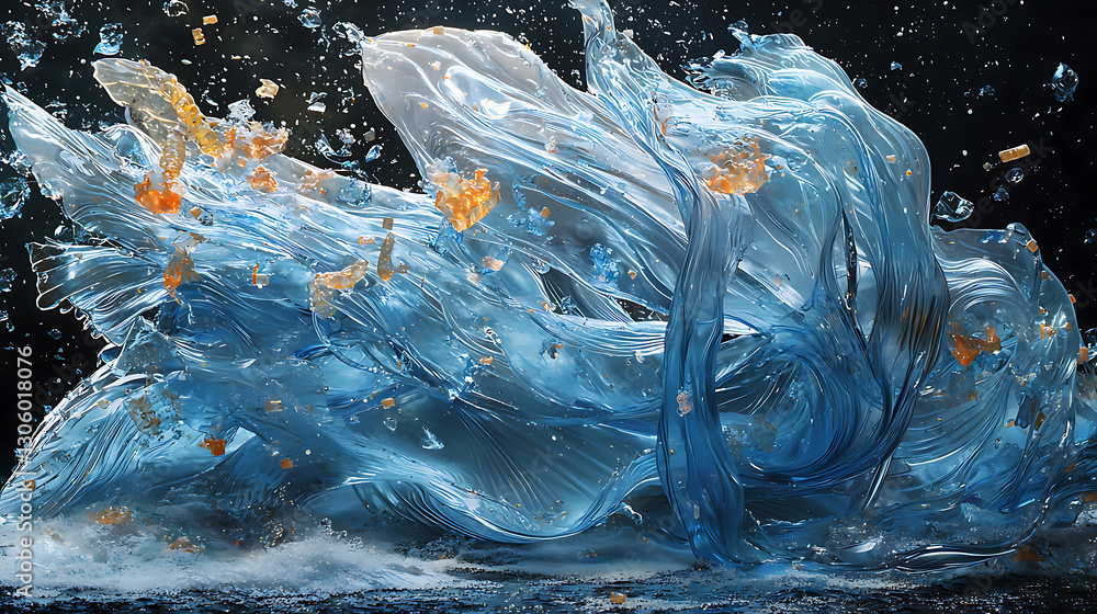 Obraz premium Futuristic blue plastic waves with orange fragments creating dynamic motion