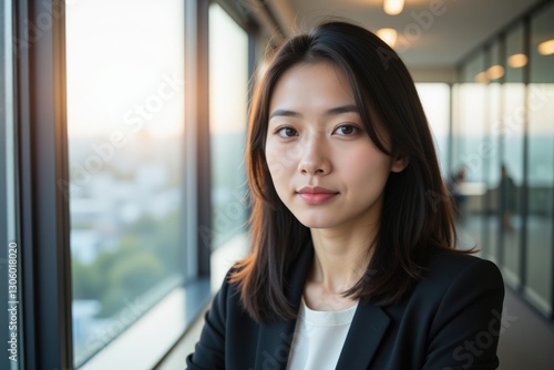 Confident Young Asian Woman in Business Attire Posing by Large Window at Sunset in Modern Office Environment Free Download Confident Young Asian Woman in Business Attire Posing by Large Window at Sunset in Modern Office Environment - GFXLoad