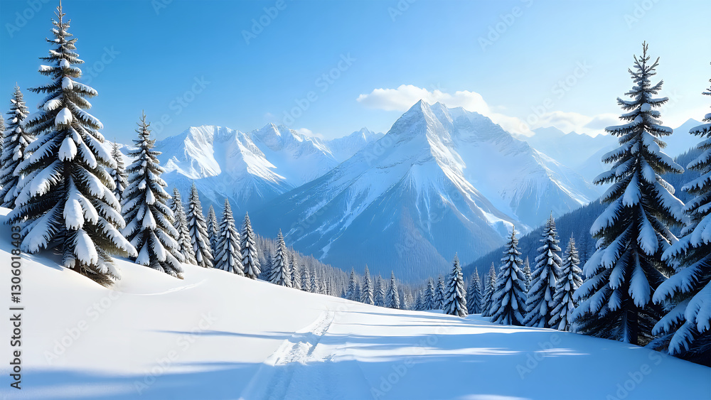 Fototapeta premium Snowy Mountain Scenery with Fir Trees
