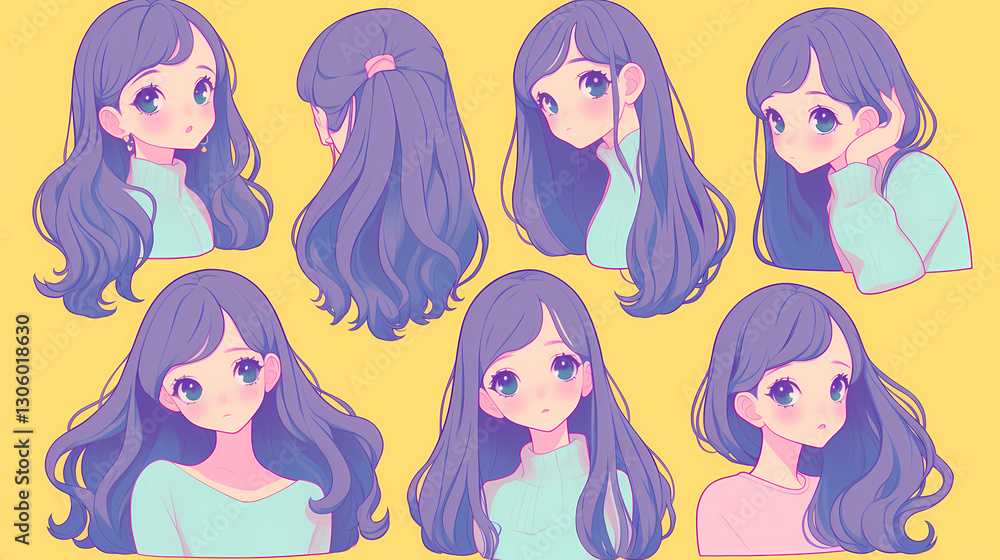 Colorful illustration of a girl with long hair showcasing different hairstyles against a yellow background Colorful illustration of a girl with long hair showcasing different hairstyles against a yellow background