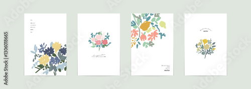 手書きの花束イラスト。手書きの草木ベクターイラストセット。シンプルタッチの花束。かわいい花。Hand drawn bouquet illustration. Hand drawn plants and trees vector illustration set. Simple touch bouquet. Cute flowers.