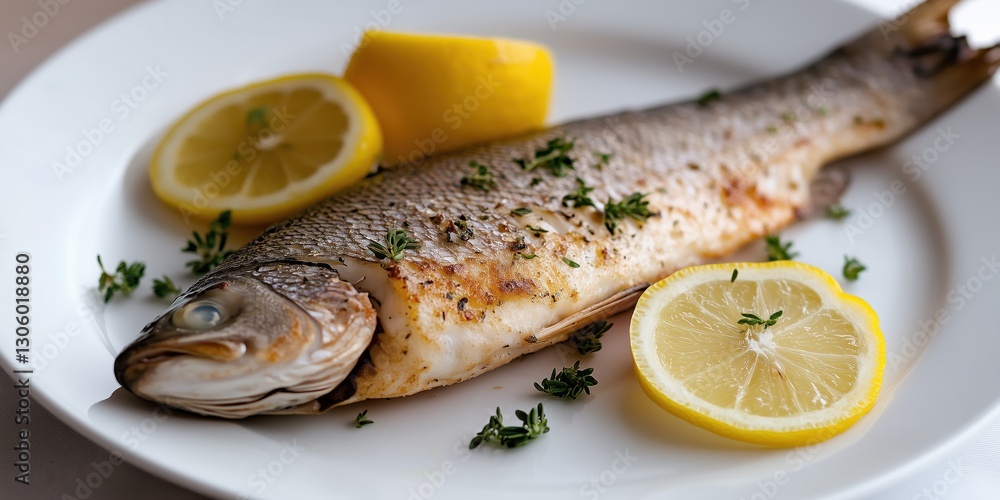 This stunning image displays a perfectly grilled fish topped with fresh lemon slices and herbs, representing culinary artistry and healthful eating at its finest. This stunning image displays a perfectly grilled fish topped with fresh lemon slices and herbs, representing culinary artistry and healthful eating at its finest.