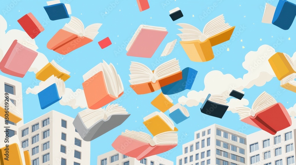 Floating Books Above Pixel Cityscape Floating Books Above Pixel Cityscape