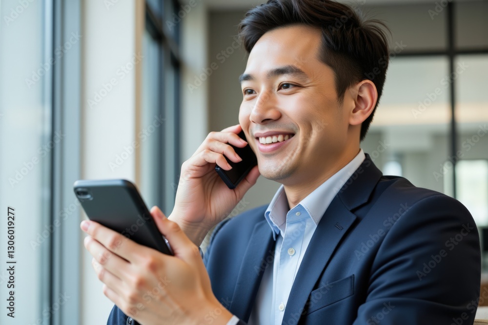 Smiling Asian Male Professional in a Suit Engaged in a Phone Conversation While Using a Smartphone Inside a Modern Office Setting Smiling Asian Male Professional in a Suit Engaged in a Phone Conversation While Using a Smartphone Inside a Modern Office Setting
