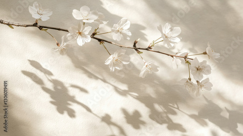 A single cherry blossom branch elegantly reaching across a plain ivory wall