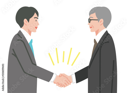 握手をするスーツの男性とシニア男性