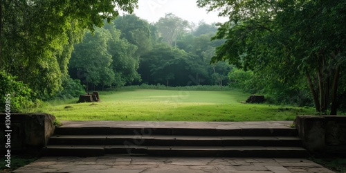Fototapeta Naklejka Na Ścianę i Meble -  A beautiful open green space surrounded by lush trees invites tranquility and peace, providing an idyllic spot for relaxation and reconnecting with nature.