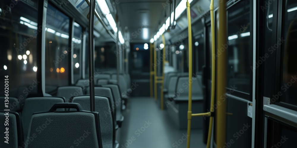 Fototapeta premium A modern, spacious empty bus interior showcasing sleek seating design and subtle lighting, presenting a calm and inviting atmosphere for passengers.