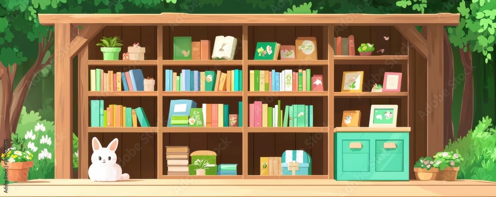 White Rabbit by Outdoor Wooden Bookshelf in Green Garden White Rabbit by Outdoor Wooden Bookshelf in Green Garden
