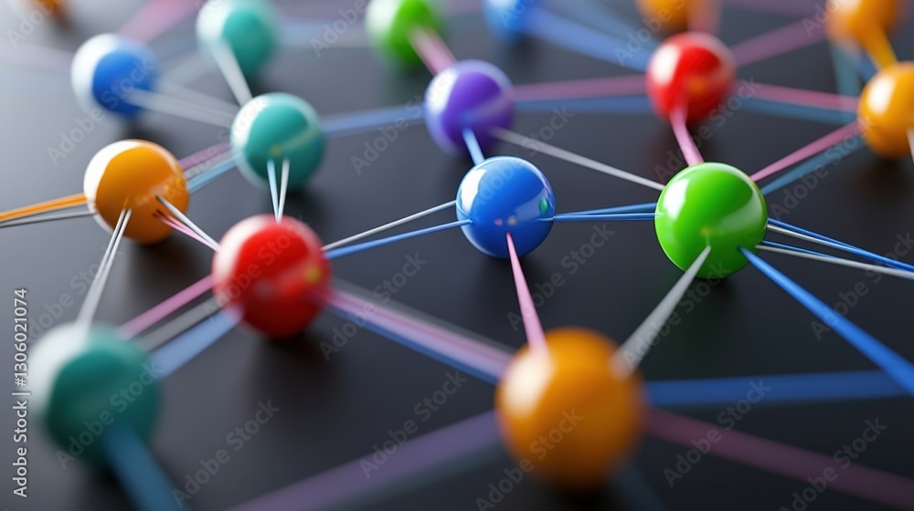 Obraz premium High-tech networking concept with multicolored nodes connected by energetic pathways, symbolizing internet traffic and connectivity.