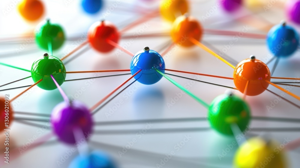 Obraz premium High-tech networking concept with multicolored nodes connected by energetic pathways, symbolizing internet traffic and connectivity.