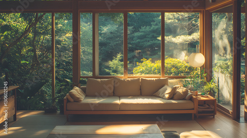 spacious minimalist living room with a muted color palette, a low-profile couch, wooden accents, and large windows bringing in natural light 