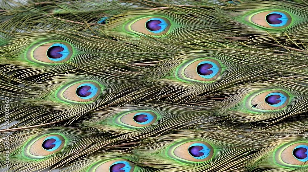 Obraz premium Vibrant Peacock Feathers Display with Iridescent Eyes in Background