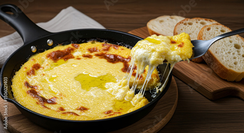 Turkish Mihlama (aka kuymak) - Famous traditional food from Black Sea region in Turkey by melting the cornmeal and cheese together in a copper pan called 