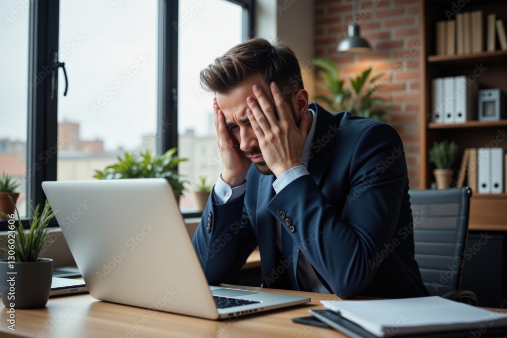 Stressed Young Caucasian Businessman in Suit at Modern Office Desk, Experiencing Overwhelm While Working on Laptop Amid Urban View and Greenery, Reflecting Workplace Tension and Anxiety Stressed Young Caucasian Businessman in Suit at Modern Office Desk, Experiencing Overwhelm While Working on Laptop Amid Urban View and Greenery, Reflecting Workplace Tension and Anxiety