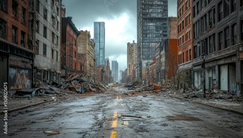 Urban devastation, destroyed street, New York City, ominous clouds photo