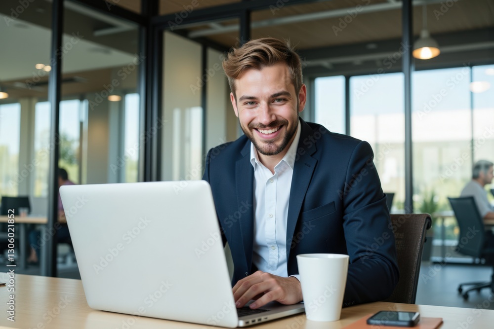 Cheerful Young Caucasian Male Professional in Suit Working on Laptop Inside Modern Office with Coffee Cup, Bright Natural Light Streaming Through Glass Walls Cheerful Young Caucasian Male Professional in Suit Working on Laptop Inside Modern Office with Coffee Cup, Bright Natural Light Streaming Through Glass Walls