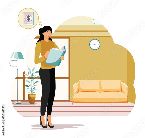 Real estate valuation. Young Woman Analyzing Financial Documents in a Cozy Interior Setting.