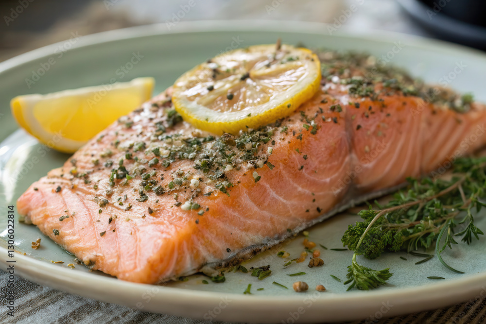 Freshly Baked Salmon Fillet with Lemon and Herbs on Ceramic Plate Freshly Baked Salmon Fillet with Lemon and Herbs on Ceramic Plate