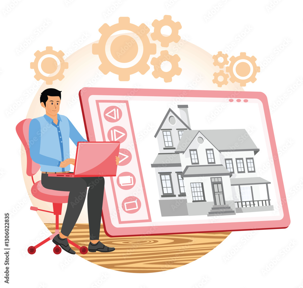 Real estate video tour concept. Architect Designing a House Using laptop Software. Real estate video tour concept. Architect Designing a House Using laptop Software.