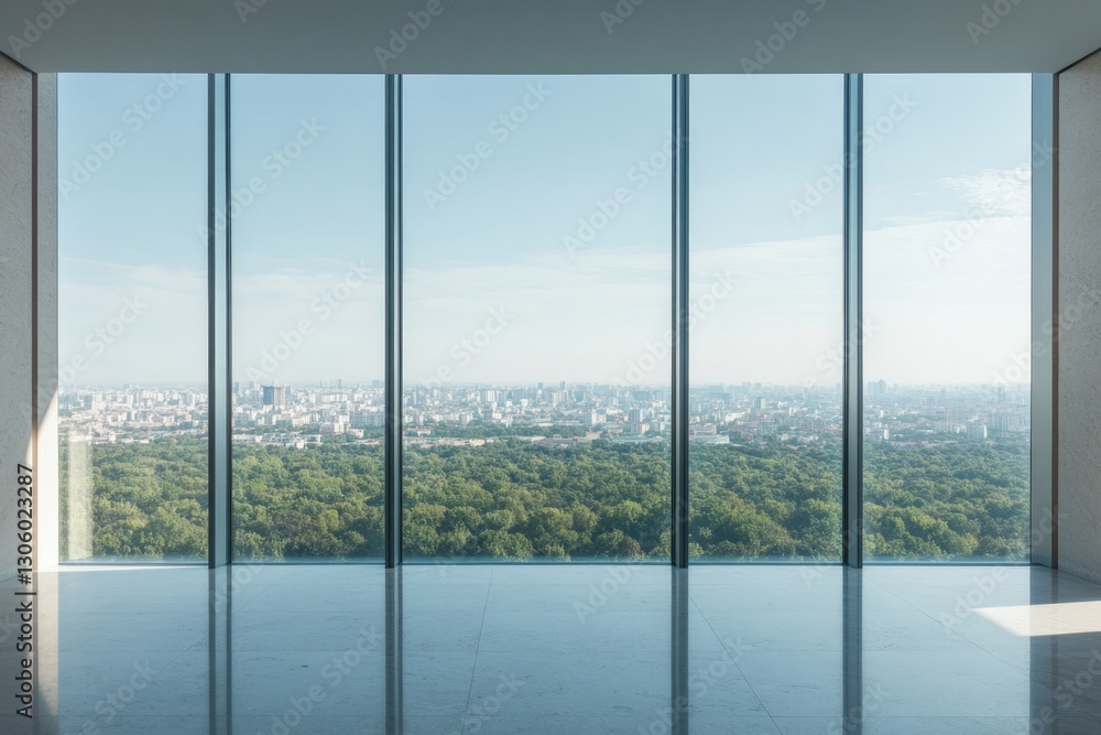 Fototapeta premium stunning panoramic window view opens onto serene landscape with ample copy space for text in foreground