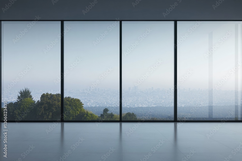 Naklejka premium stunning panoramic window view opens onto serene landscape with ample copy space for text in foreground