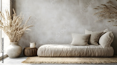Serene Minimalist Interior Scene with Cozy Sofa and Natural Decor Elements for Peaceful Atmosphere