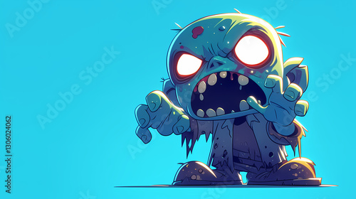Cartoon zombie character with glowing eyes and open mouth, set against a vibrant blue background