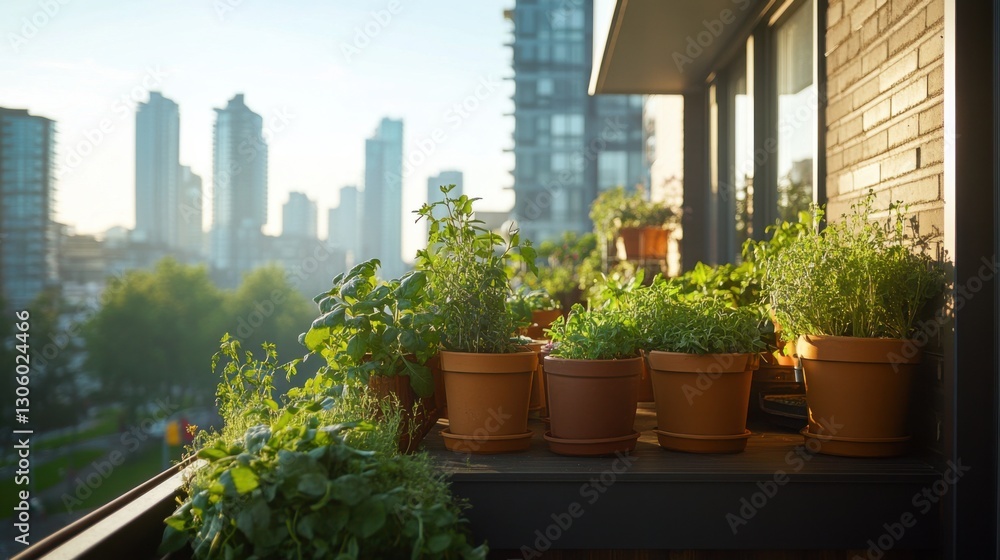 Fototapeta premium Potted Plants on Balcony Overlooking City
