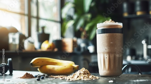 Protein Shake with Ingredients on Kitchen Counter