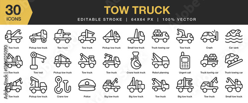 Tow Truck icon set. Editable Stroke Icon Collection. Includes emergency, road, breakdown, transportation, vehicle, and More. Outline icons vector collection.