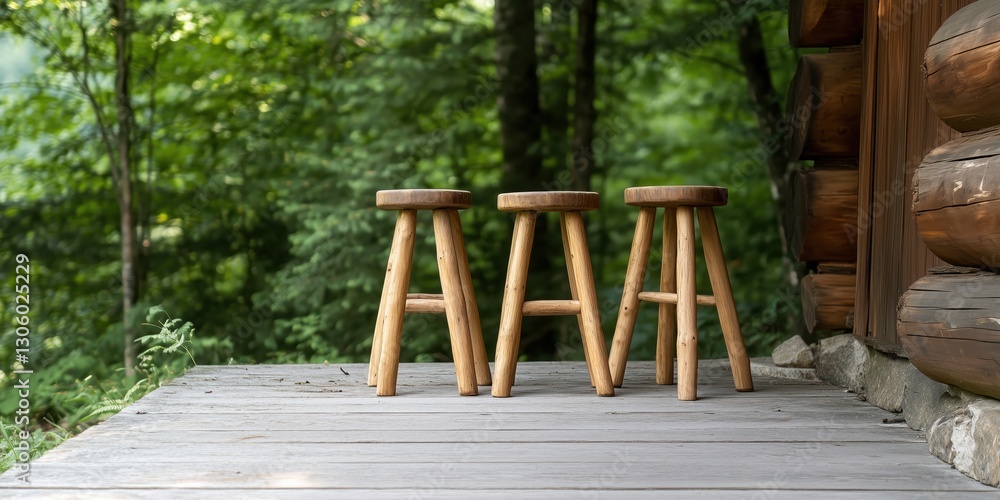 Three rustic wooden stools stand on a porch amidst tall trees, creating a charming outdoor space perfect for relaxation and enjoying nature's embrace. Three rustic wooden stools stand on a porch amidst tall trees, creating a charming outdoor space perfect for relaxation and enjoying nature's embrace.