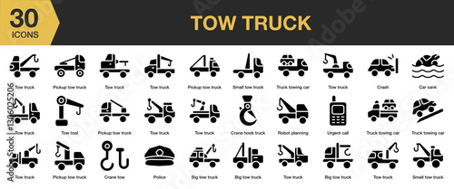 Tow Truck solid icon set. Includes highway, car, tow, help, rescue, truck, and More. Solid icons vector collection.