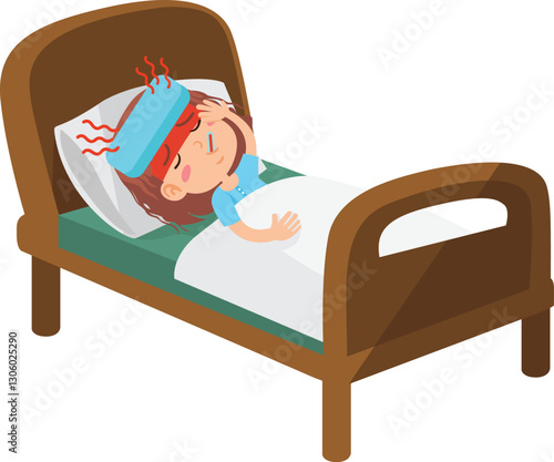 Kid Girl lying in bed with high fever